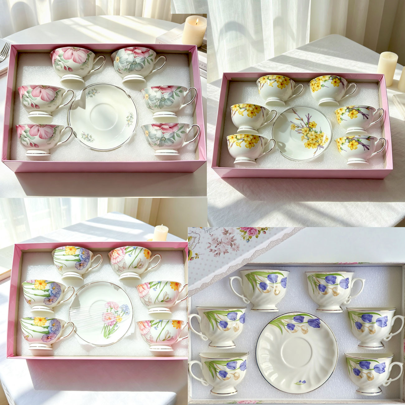 BA-513 Porcelain Pink Peony Floral Double-Handled Coffee Cup and Saucer Gift Set Silver Rim wholesale product photo