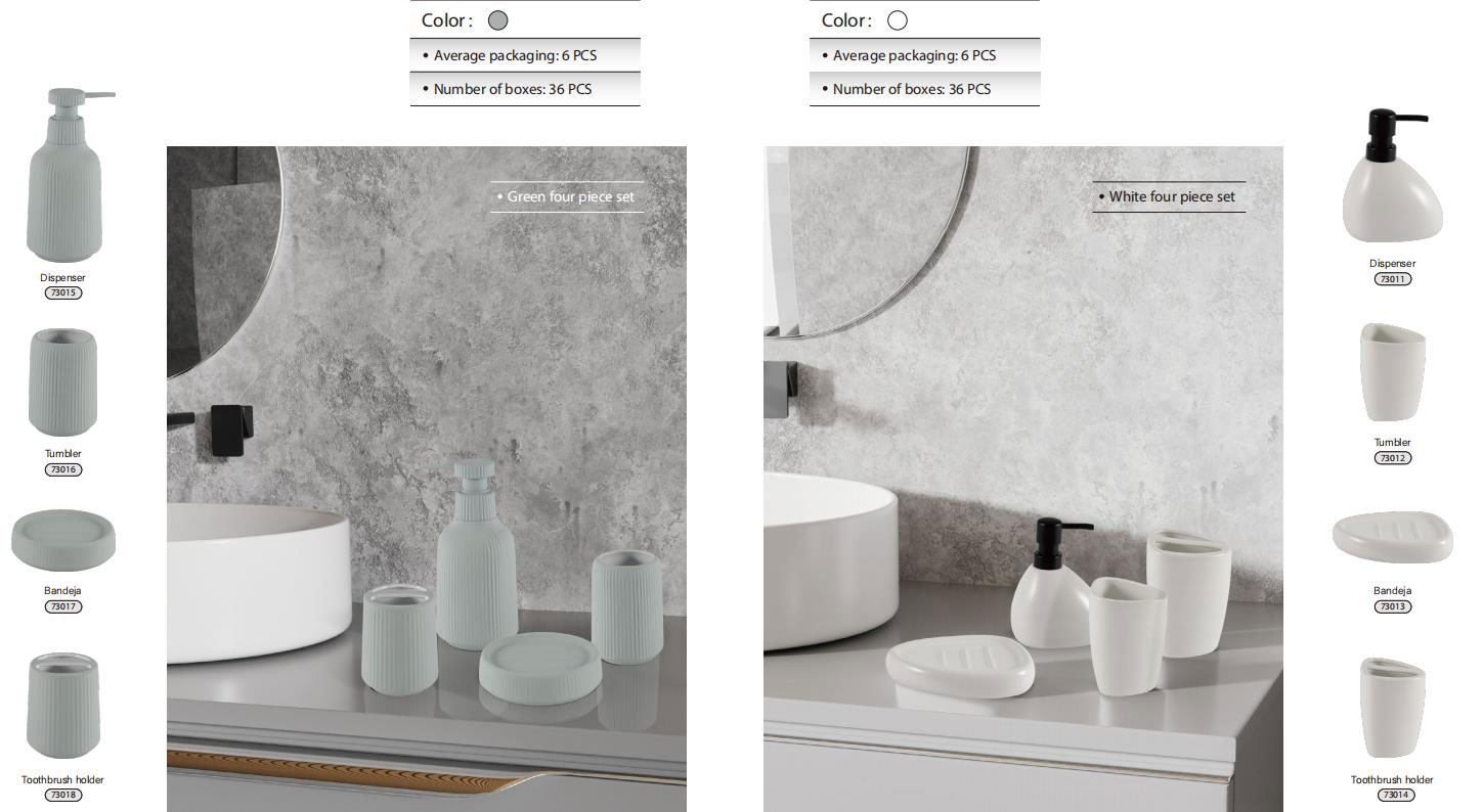 BA-520 Ceramic Ribbed Green and Smooth White 4-Piece Bathroom Accessory Set featuring two design families with matte and glossy finishes