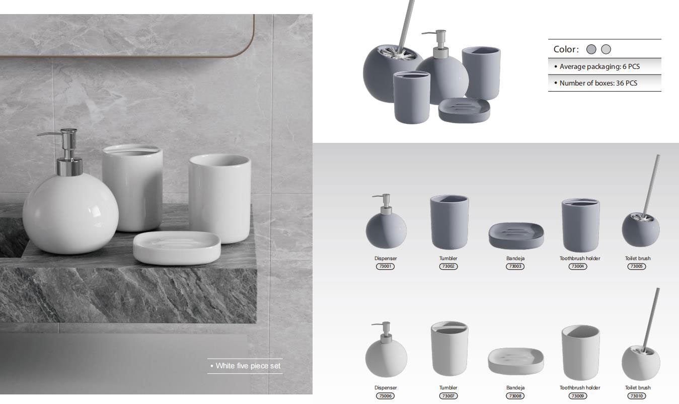 BA-521 Ceramic Spherical Globe 5-Piece Bathroom Accessory Set with Toilet Brush in white glossy and gray matte finishes