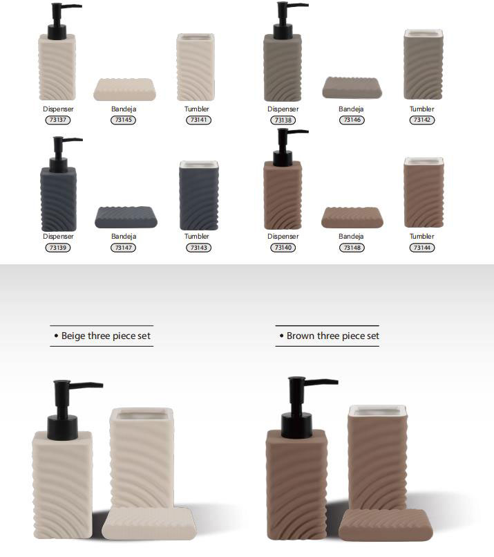BA-522 Ceramic Diagonal Wave Texture 3-Piece Bathroom Accessory Set in four color variants with matte finish and black pump