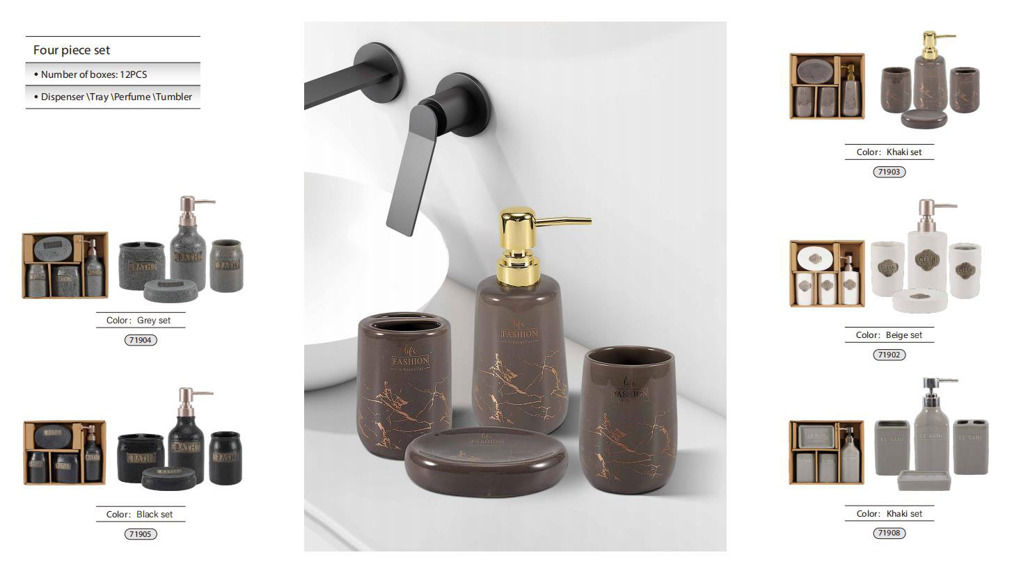 BA-519 Ceramic Fashion Marble-Veining 4-Piece Bathroom Accessory Set with gold and silver pumps featuring ornate FASHION brand medallion designs