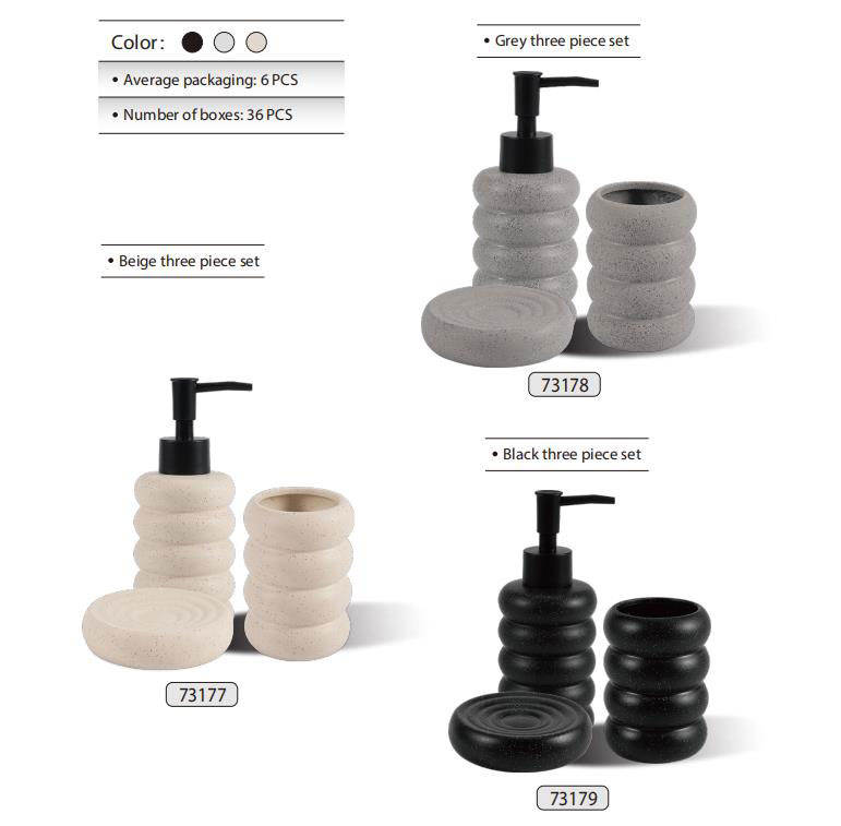 BA-523 Ceramic Stacked Ring Ribbed 3-Piece Bathroom Accessory Set in beige, grey, and black with speckled stone-composite finish