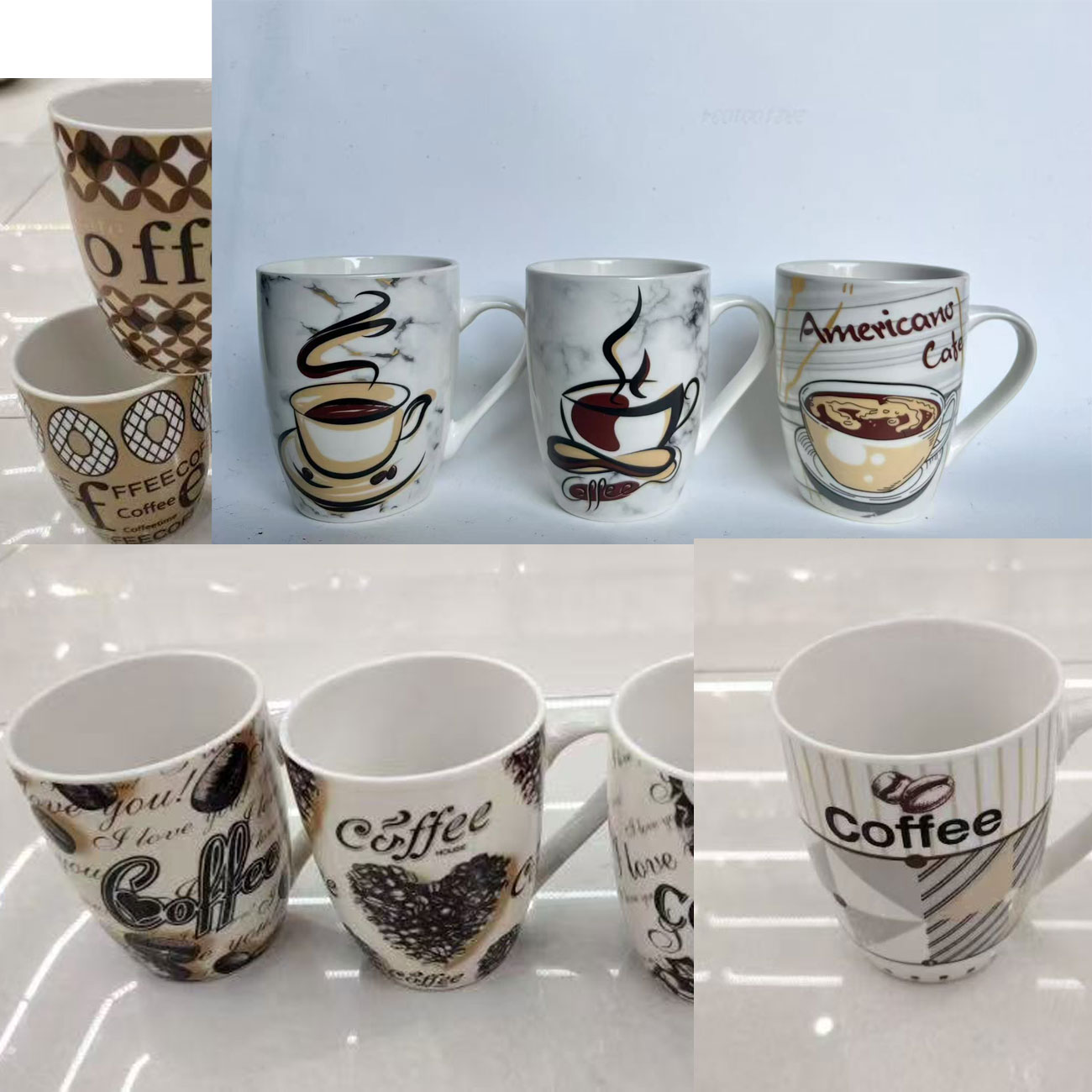 BA-596 Porcelain Marble Pattern Coffee Mug Set with Coffee Cup Illustrations 12oz wholesale product photo