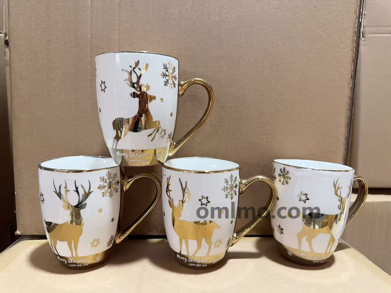 BA-603 Porcelain Tall Tapered Gold Reindeer Mug with Merry Christmas Happy New Year 14oz wholesale product photo