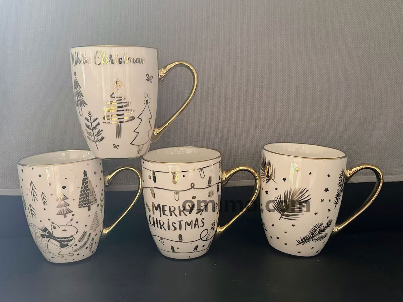 BA-599 Porcelain White Christmas Tree Pattern Mug with Gold Rim 14oz wholesale product photo