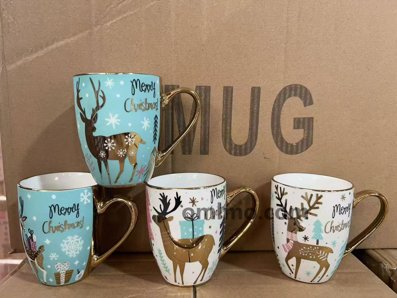 BA-601 Ceramic Teal Blue Reindeer Merry Christmas Mug with Gold Handle 12oz wholesale product photo