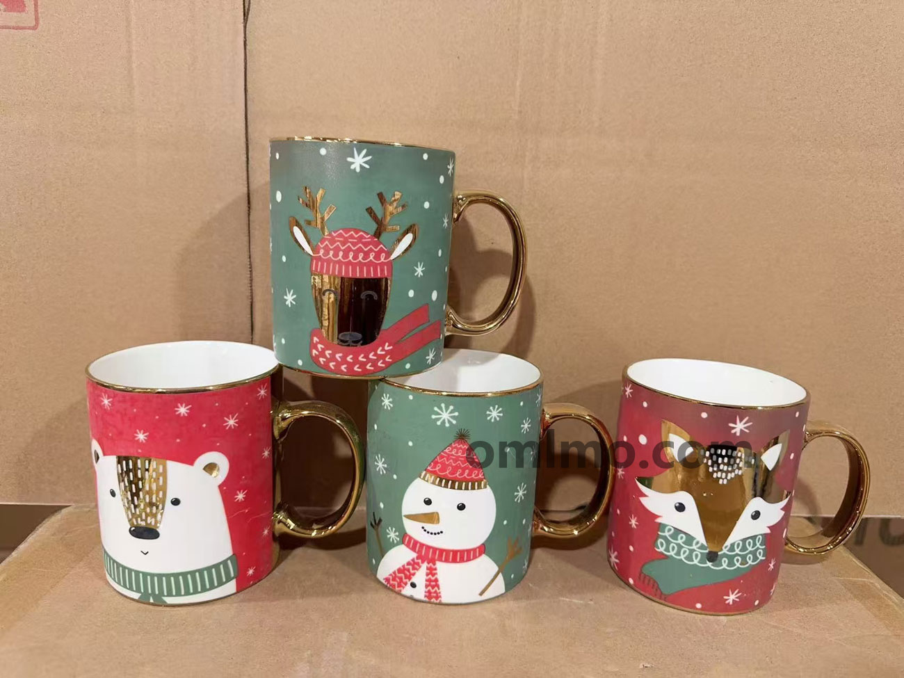 BA-609 Ceramic Christmas Reindeer Snowman Character Mug Gold Rim Gold Handle 12oz wholesale product photo