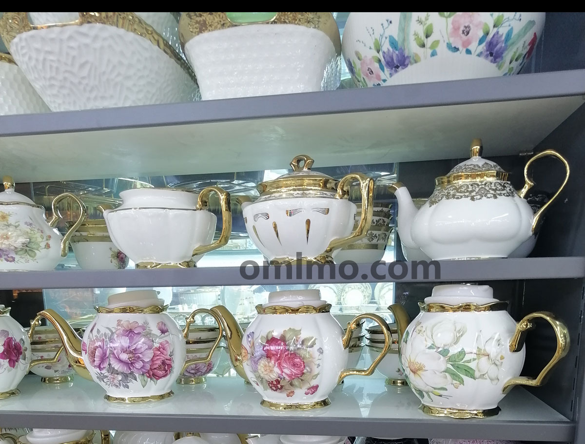 BA-711 White Fluted Ceramic Teapot with Gold Trim and Cup Saucer Set wholesale product photo