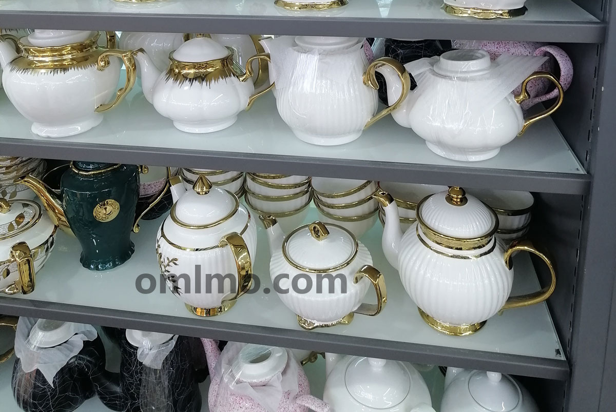 BA-711 White Fluted Ceramic Teapot with Gold Trim and Cup Saucer Set wholesale product photo